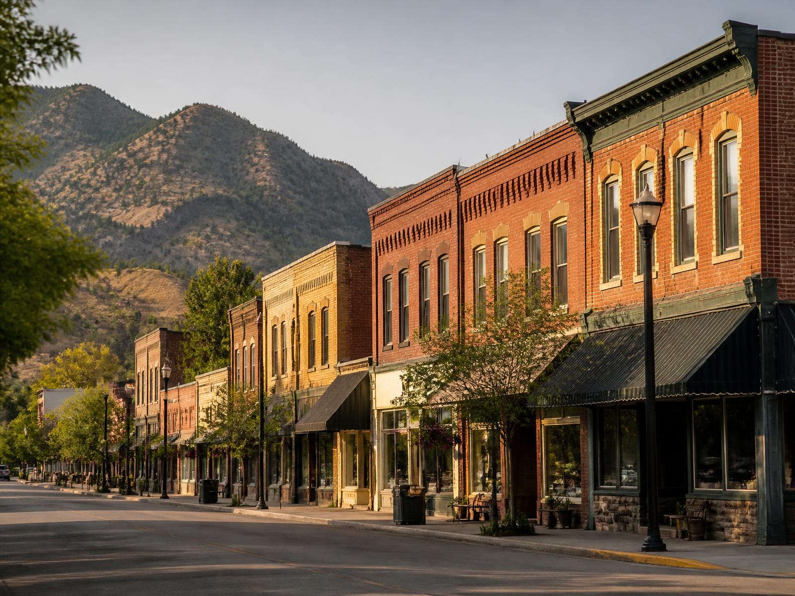Brick storefronts along a small western downtown commercial district in late afternoon light
