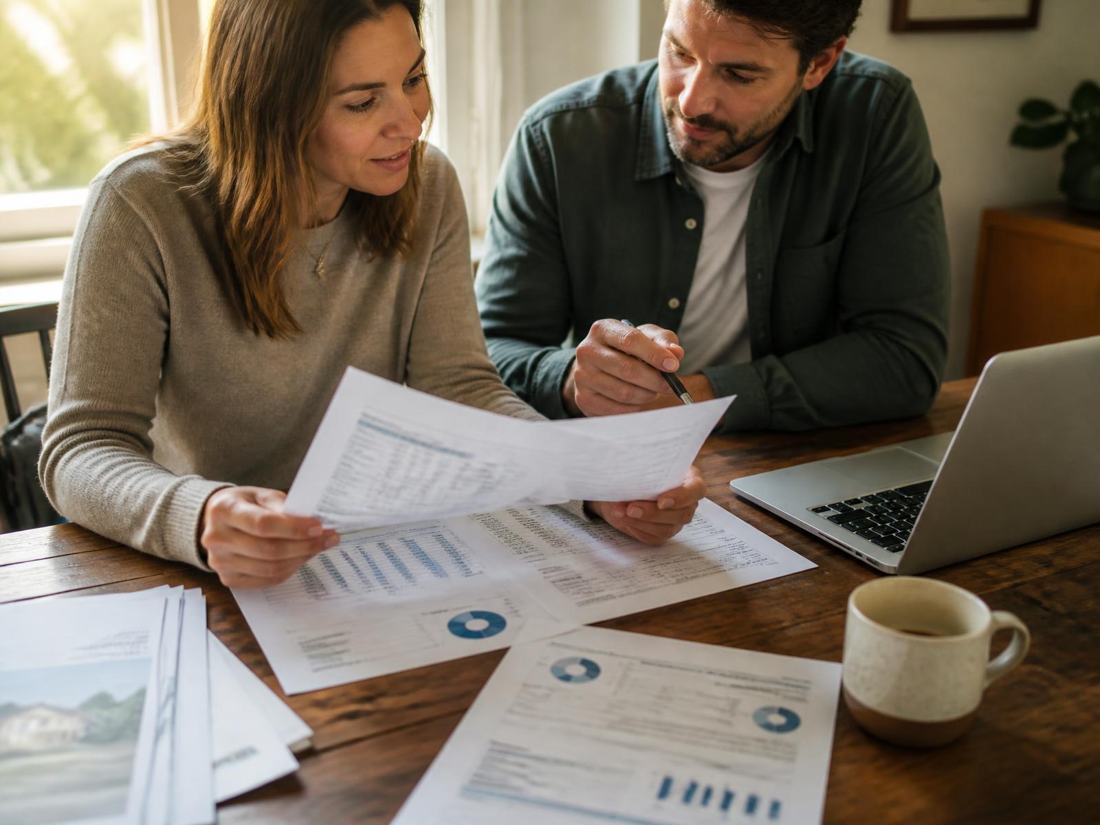 Two people at a wooden table reviewing printed property financial statements alongside a laptop