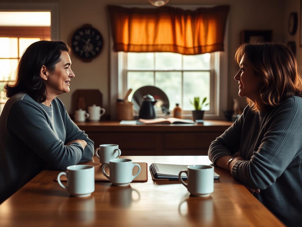 Two people talking over coffee and a notebook at a kitchen table in warm afternoon light