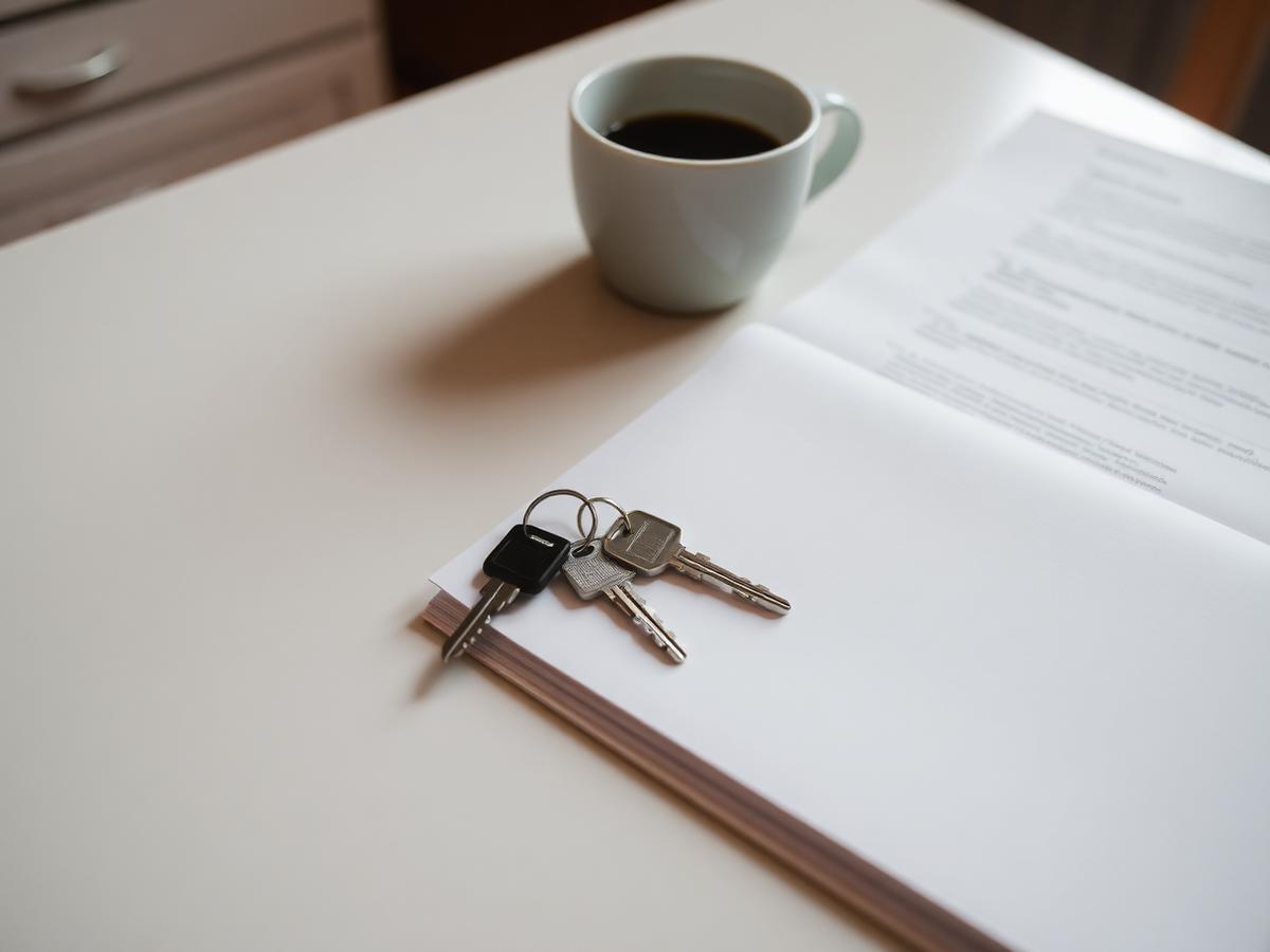 Two sets of house keys resting on a folder of documents beside a cup of coffee on a kitchen table