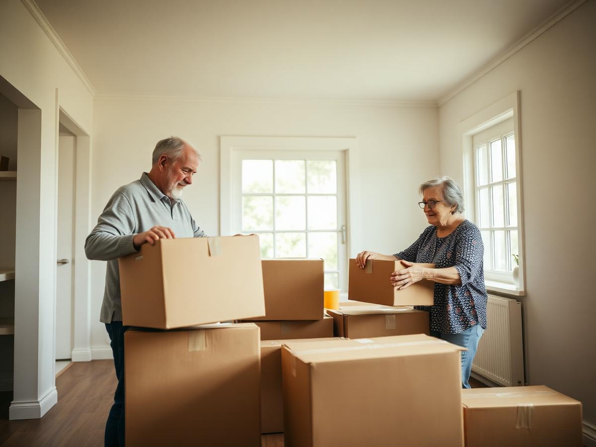 Retired couple packing labeled cardboard boxes in a bright, mostly empty room of their home