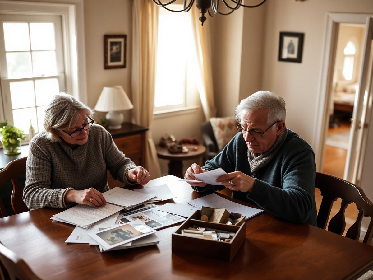 Family members sitting at a dining table sorting through documents and keepsakes in a sunlit older home