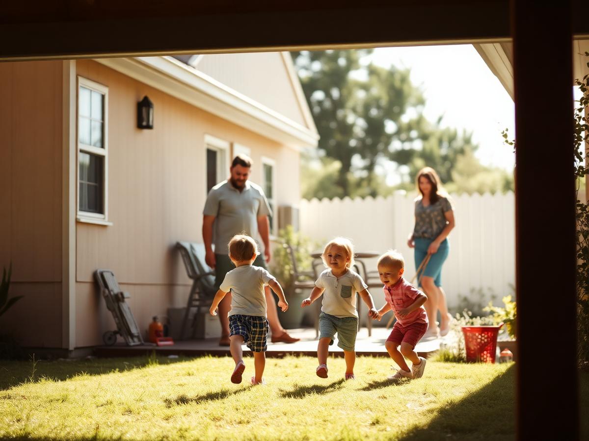 Children playing in the sunny backyard of a modest home while their parents watch from the patio