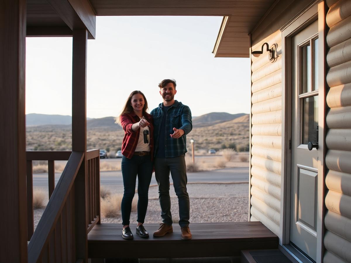 Young couple holding keys on the front porch steps of a modest small-town house