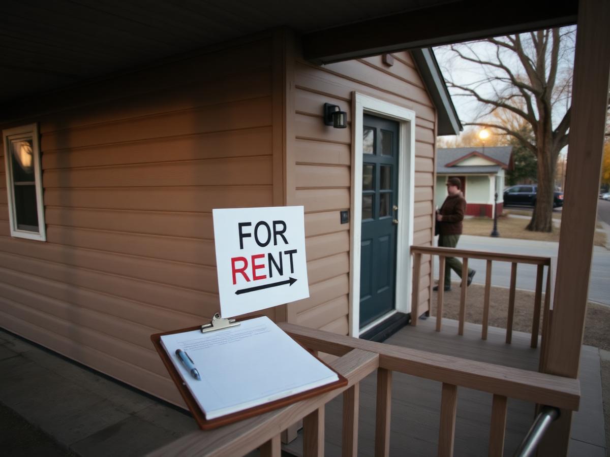 Small rental duplex on a quiet western town street with a clipboard resting on the porch rail