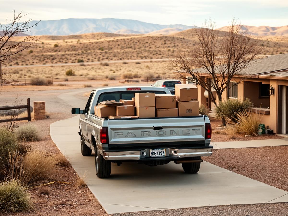 Pickup truck loaded with moving boxes in the driveway of a western town home with sagebrush hills beyond
